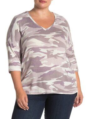 Premise Nordstrom Camo V-Neck Sweater ¾ Sleeve High Low Knit Gray White Size 1X
